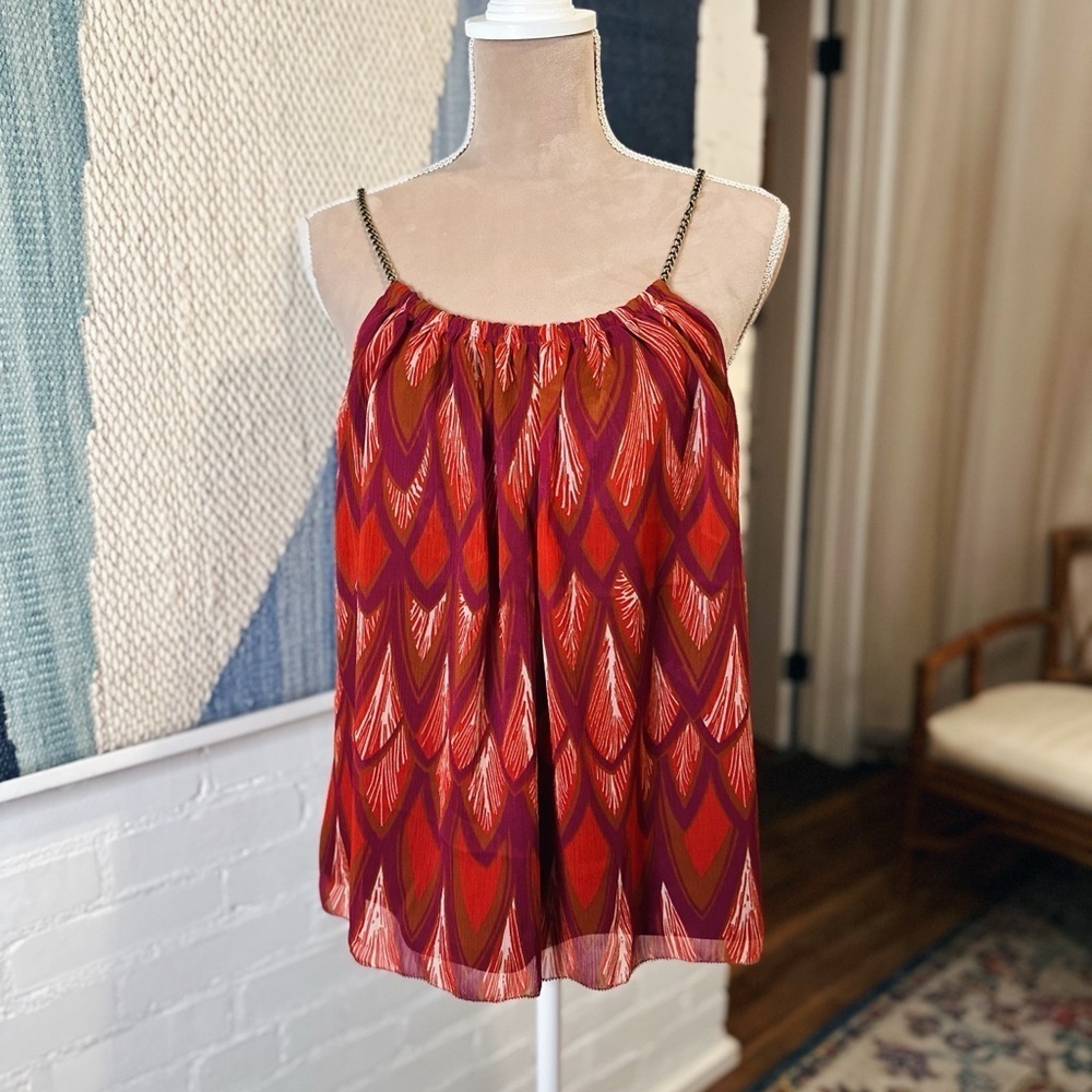 Gianna Bini Red and Purple Feather Pattern Tank Top